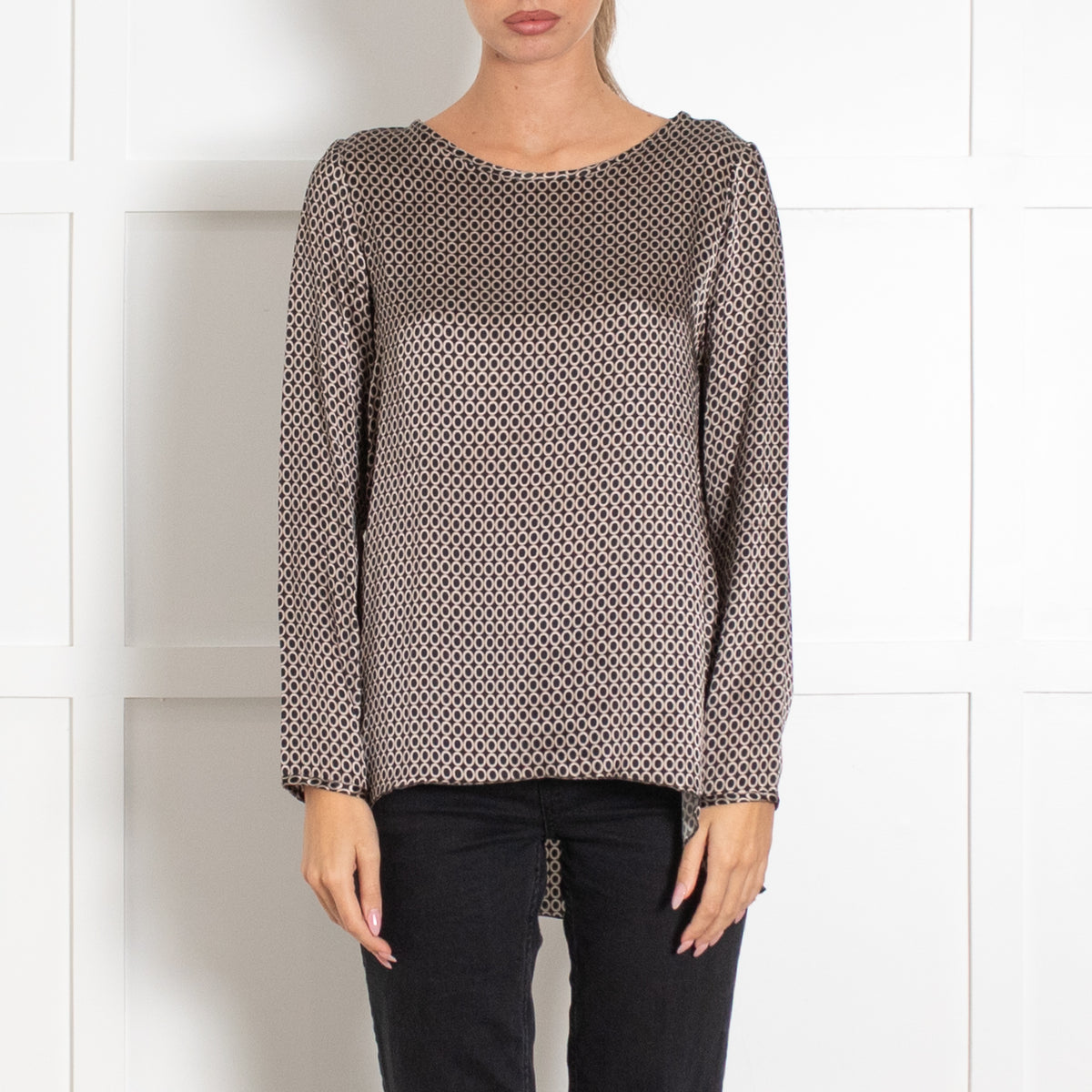 Bruno Manetti Black and Beige Circle Print Long-Sleeve Blouse