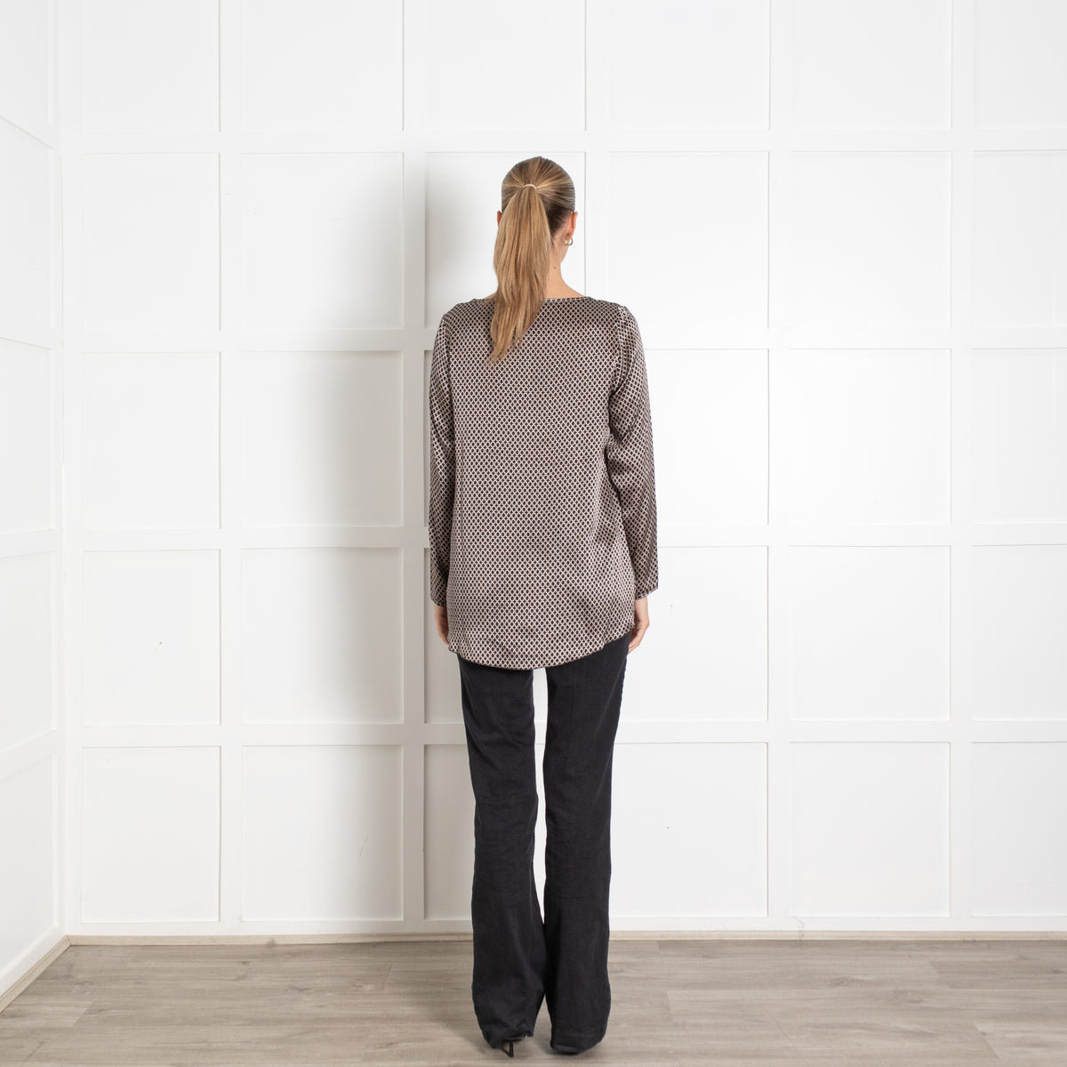 Bruno Manetti Black and Beige Circle Print Long-Sleeve Blouse