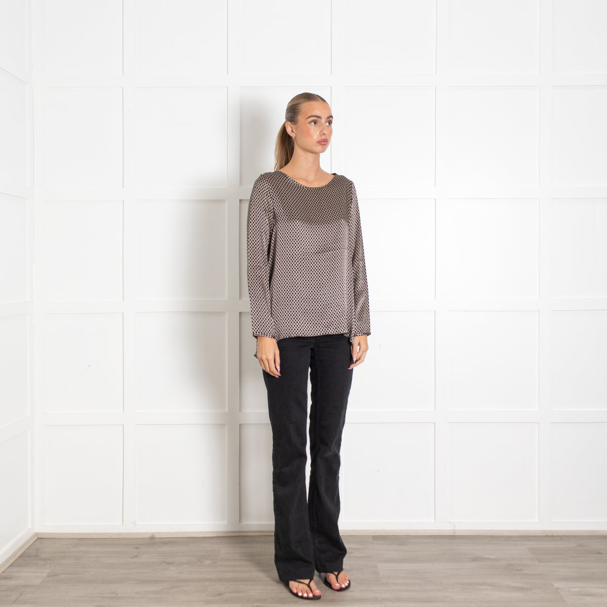 Bruno Manetti Black and Beige Circle Print Long-Sleeve Blouse