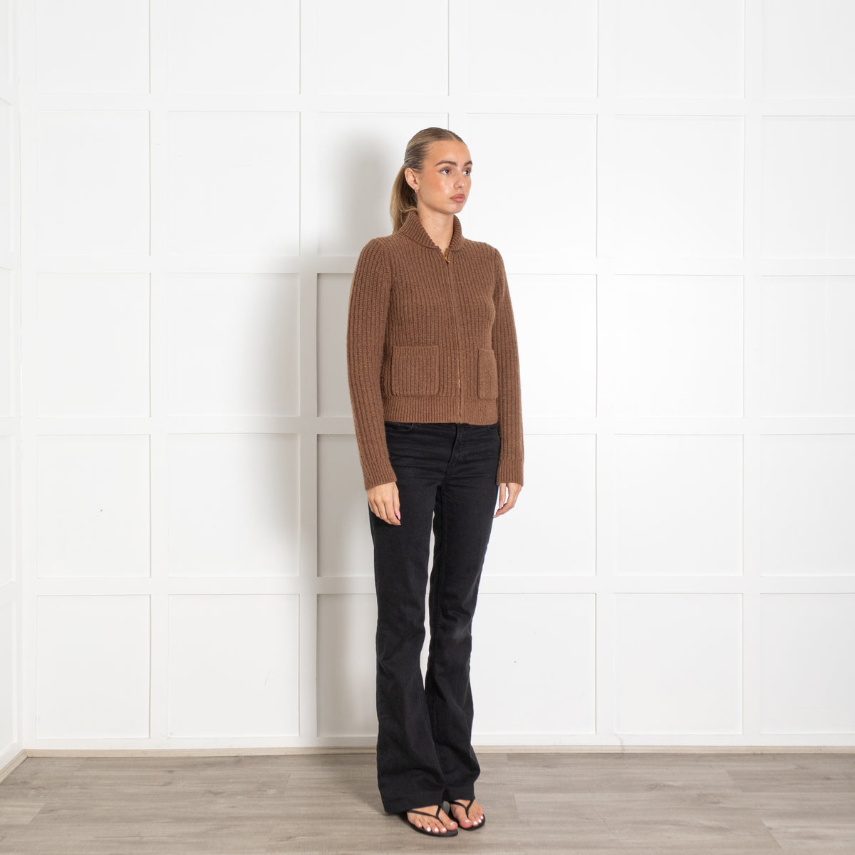Nili Lotan Brown Wool Mix Zip Cardigan