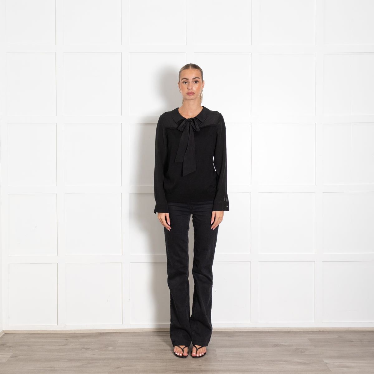 Claudie Pierlot Black Wool Silk Sleeve Tie Neck Jumper