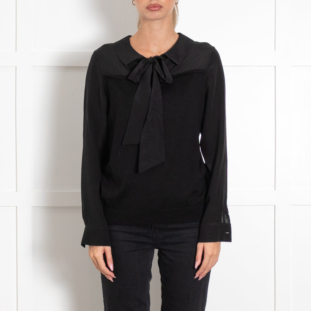 Claudie Pierlot Black Wool Silk Sleeve Tie Neck Jumper