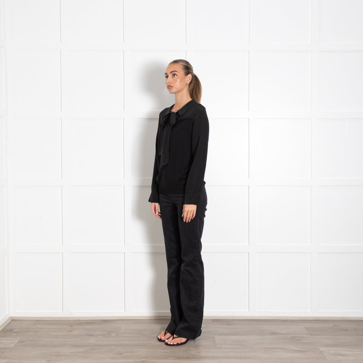Claudie Pierlot Black Wool Silk Sleeve Tie Neck Jumper