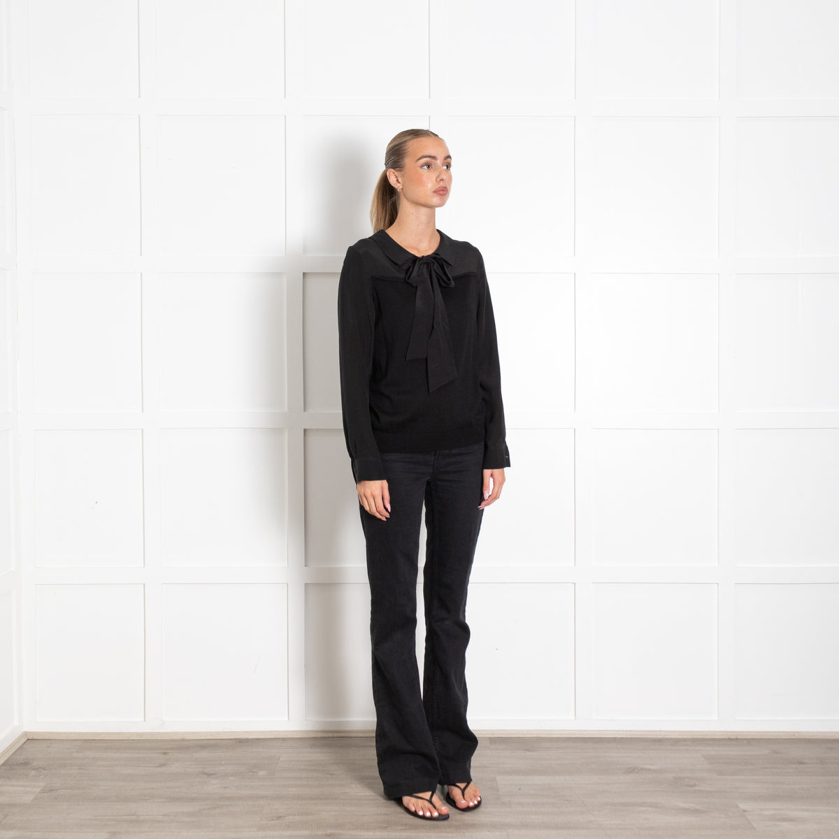 Claudie Pierlot Black Wool Silk Sleeve Tie Neck Jumper
