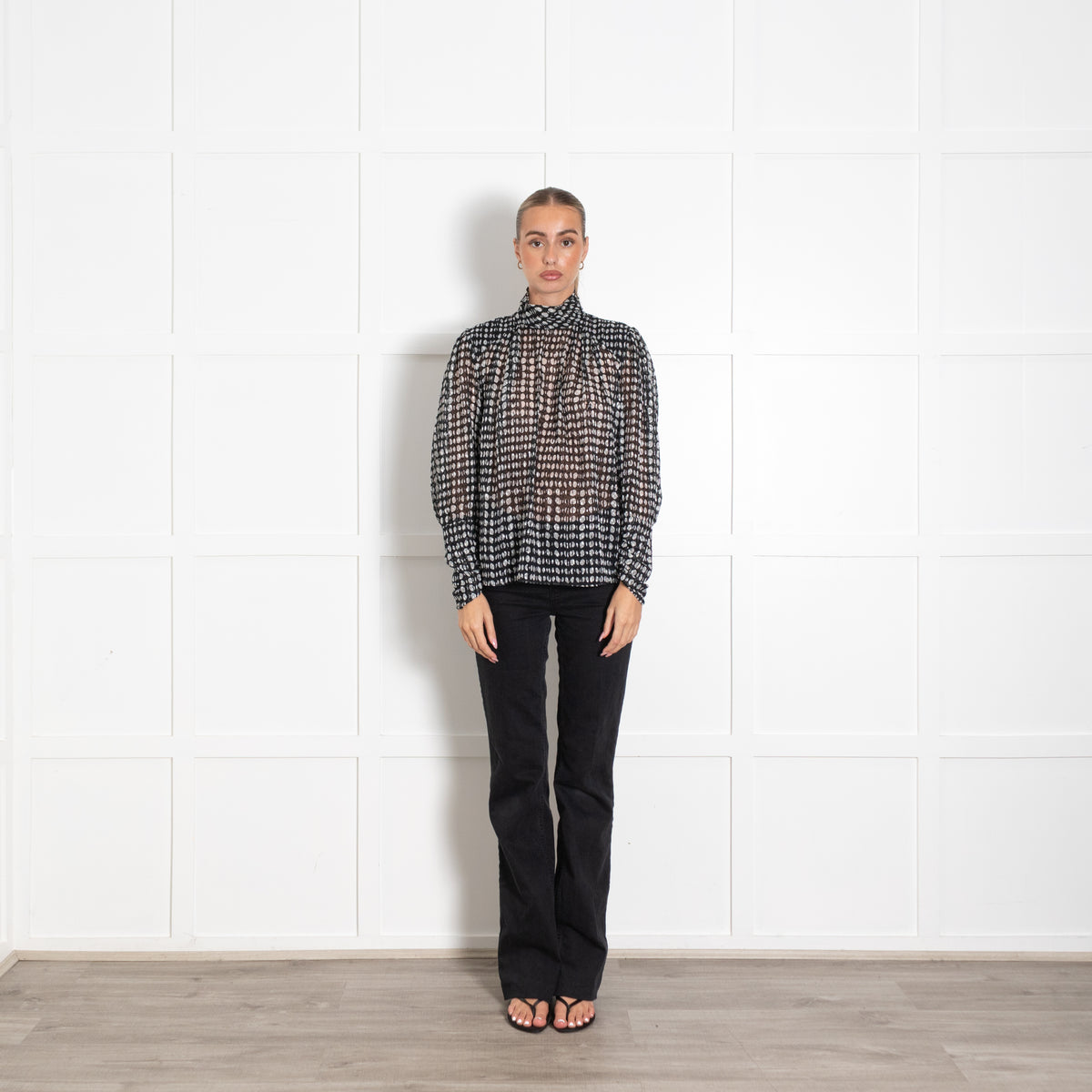 Bash Black Grey Spotty Long Sleeve Top