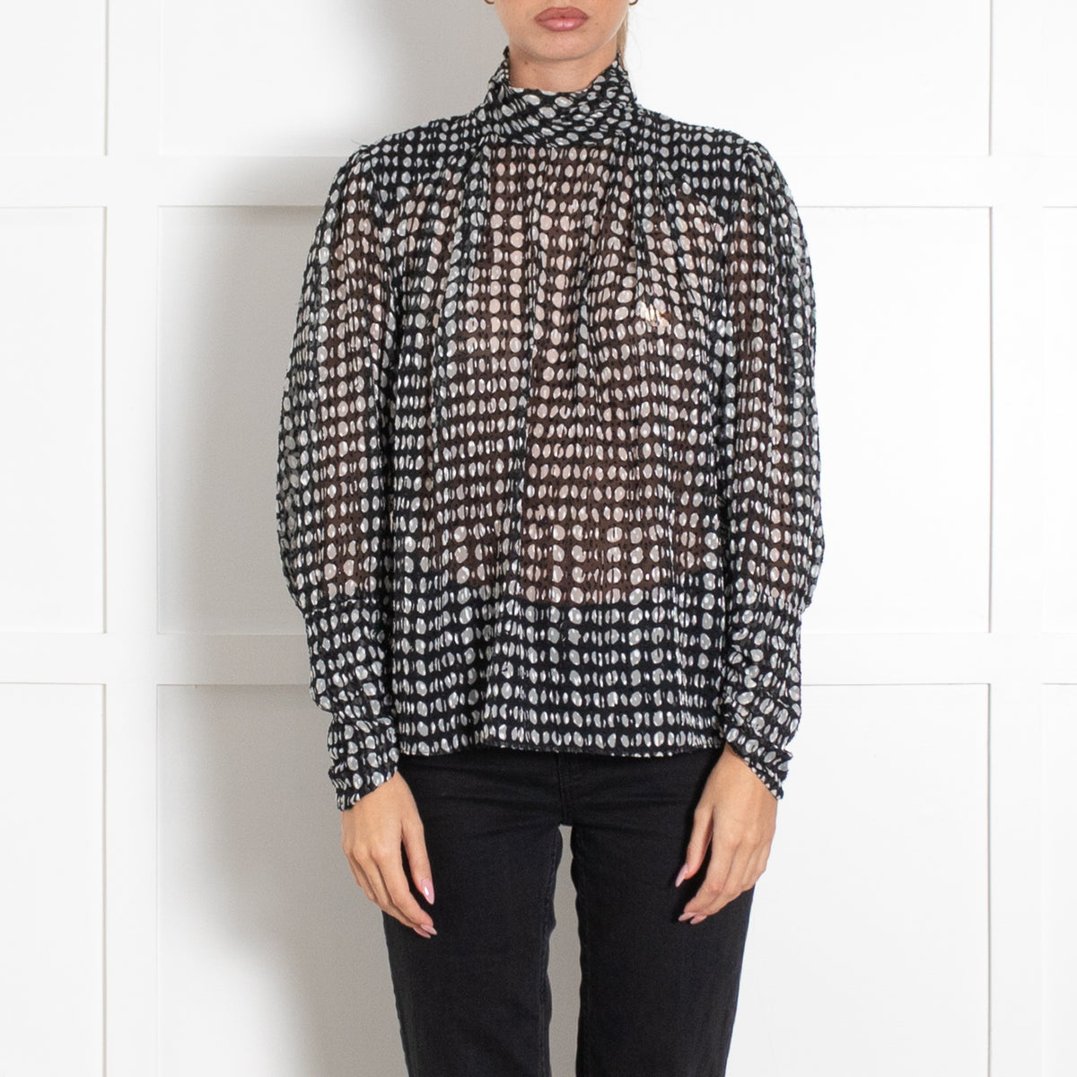 Bash Black Grey Spotty Long Sleeve Top