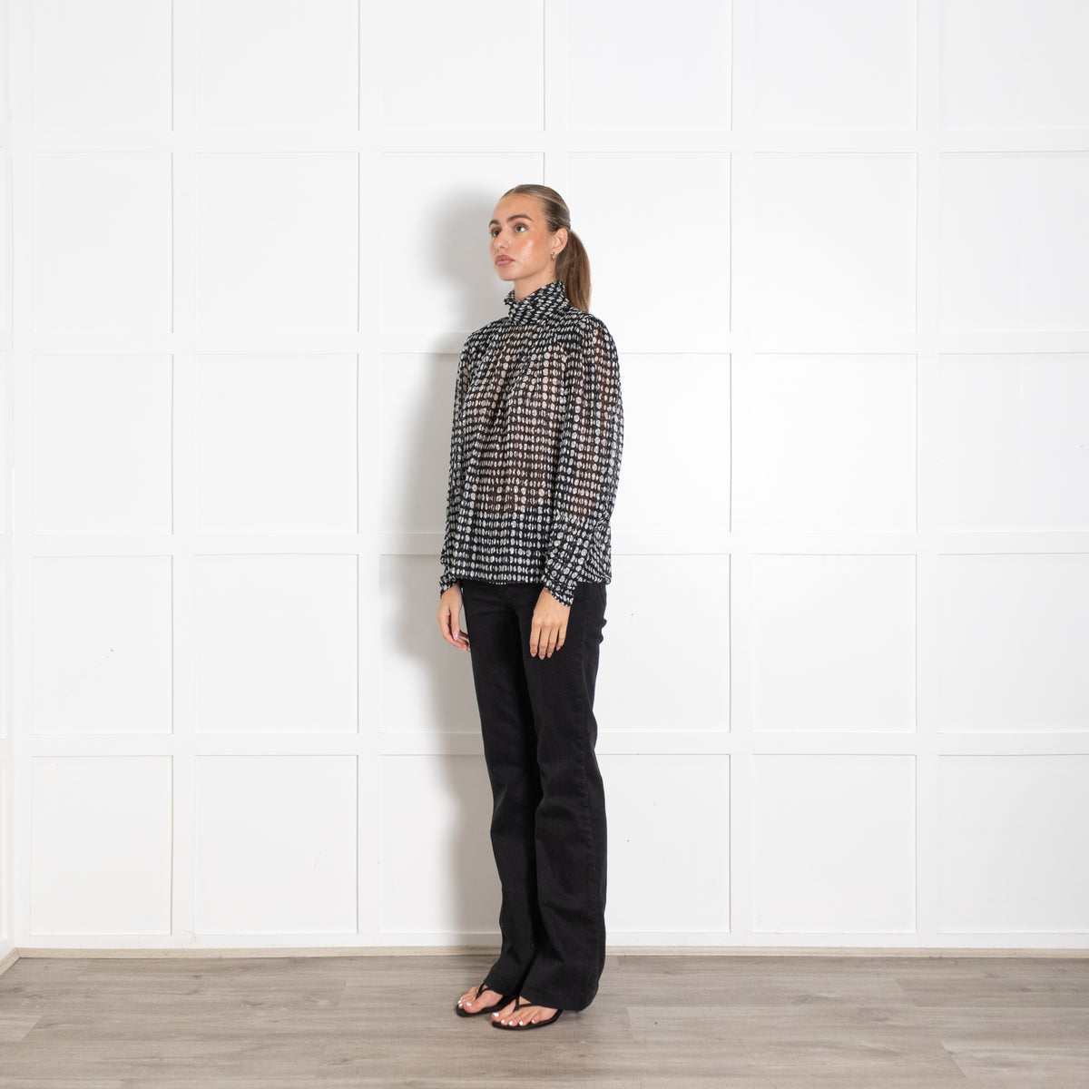 Bash Black Grey Spotty Long Sleeve Top