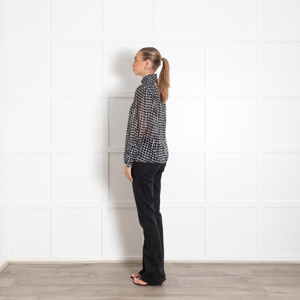 Bash Black Grey Spotty Long Sleeve Top