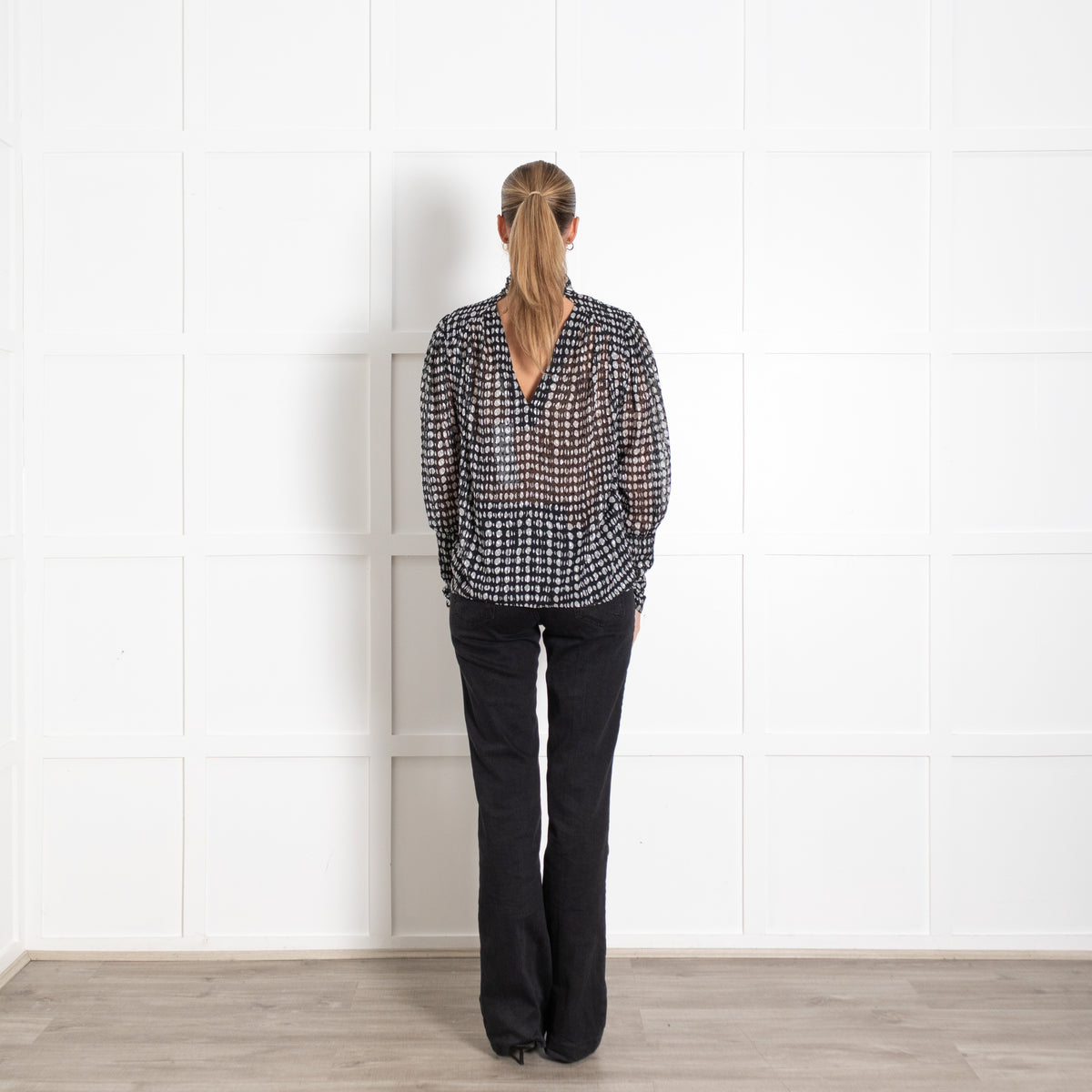 Bash Black Grey Spotty Long Sleeve Top