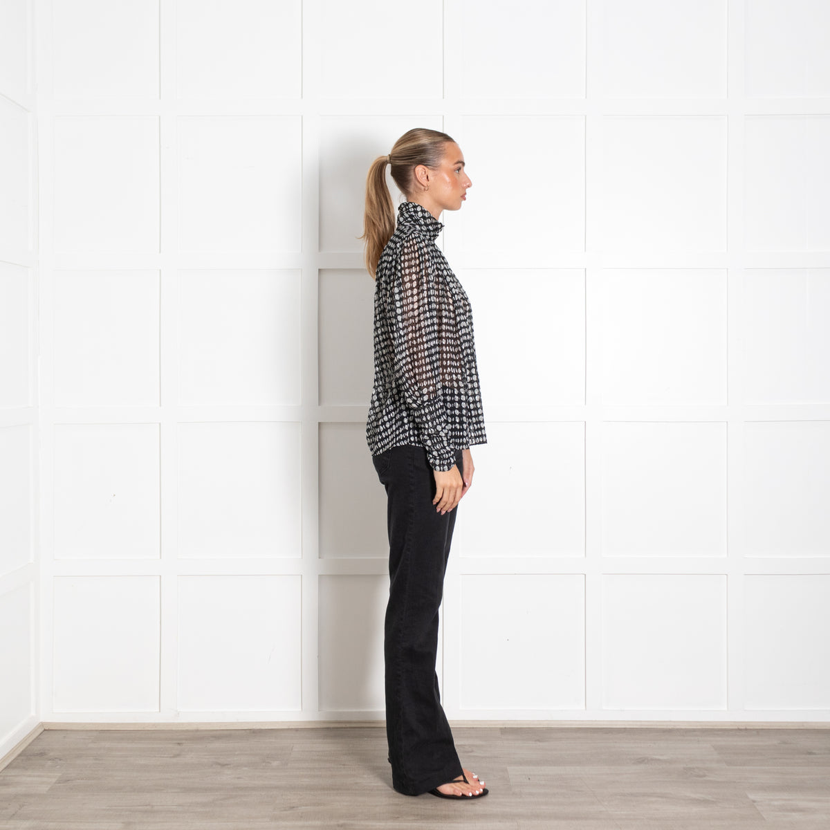 Bash Black Grey Spotty Long Sleeve Top