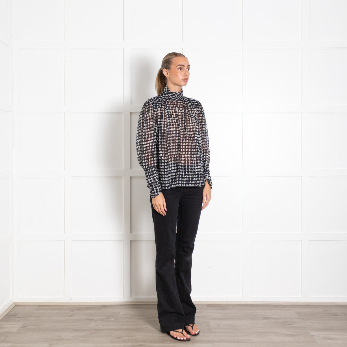 Bash Black Grey Spotty Long Sleeve Top