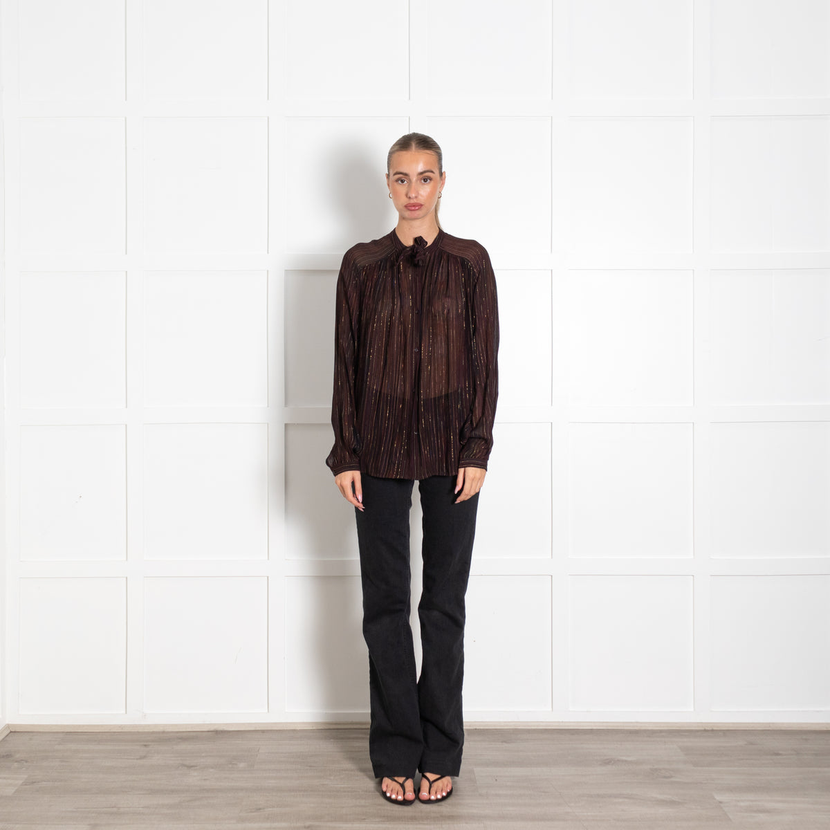 Sessun Brown Burgundy Gold Lurex Silk Blend Blouse