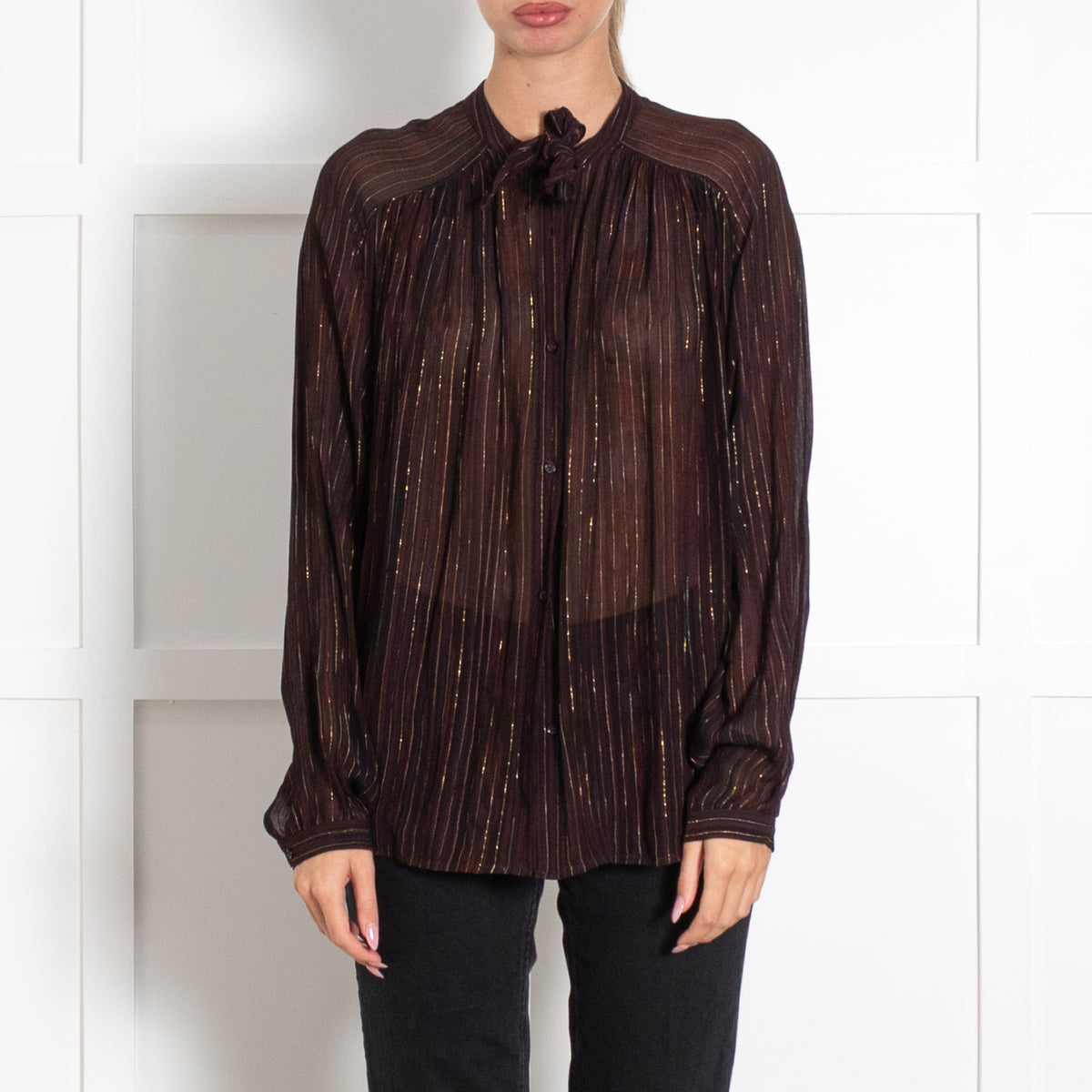 Sessun Brown Burgundy Gold Lurex Silk Blend Blouse