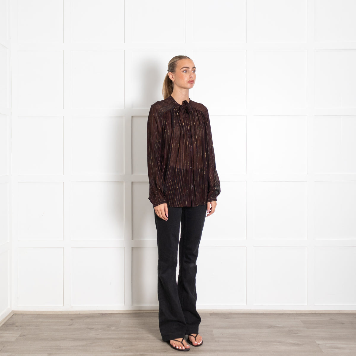 Sessun Brown Burgundy Gold Lurex Silk Blend Blouse