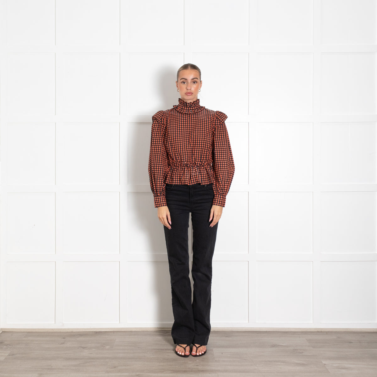 Ganni Orange Black Gingham Frill Detail Top