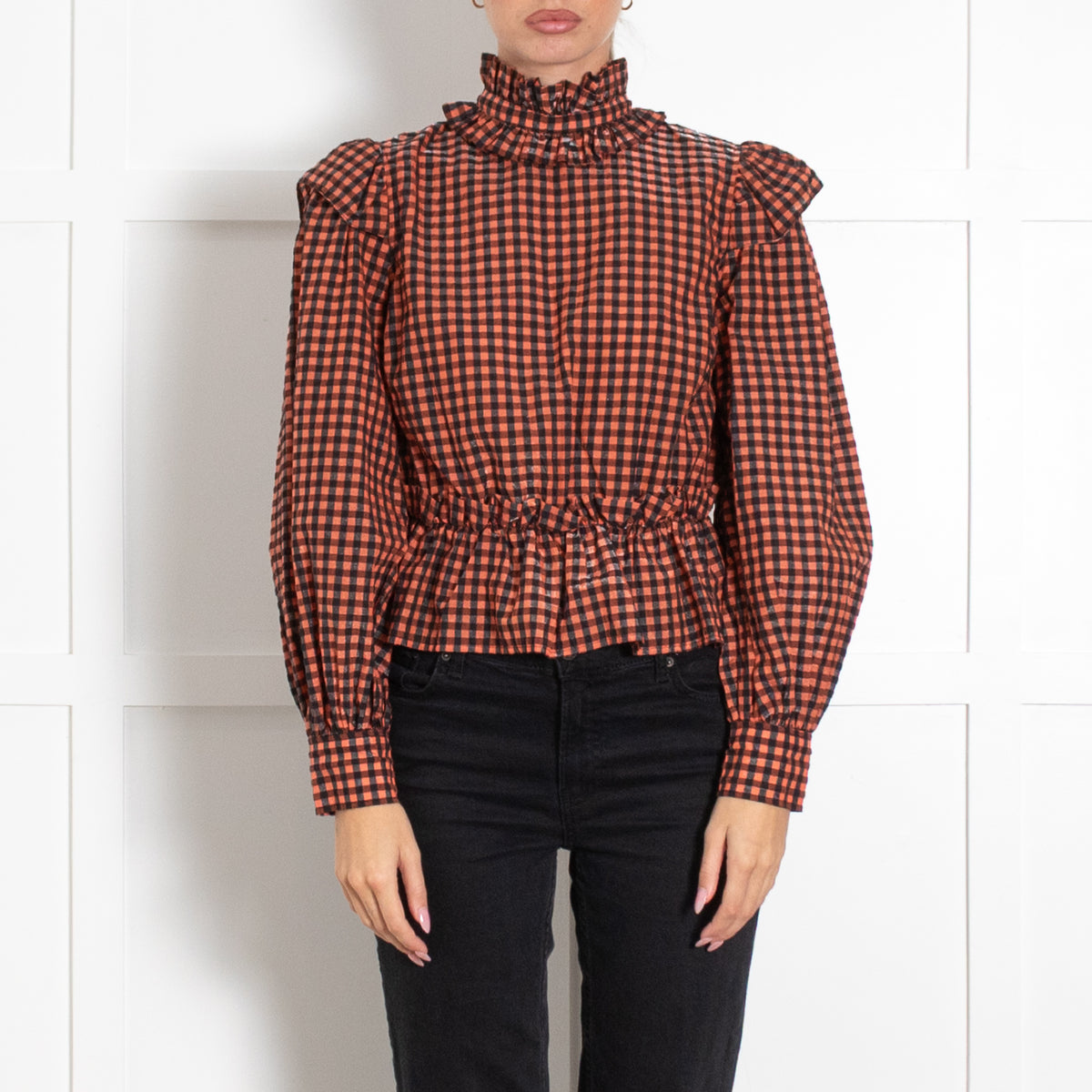 Ganni Orange Black Gingham Frill Detail Top
