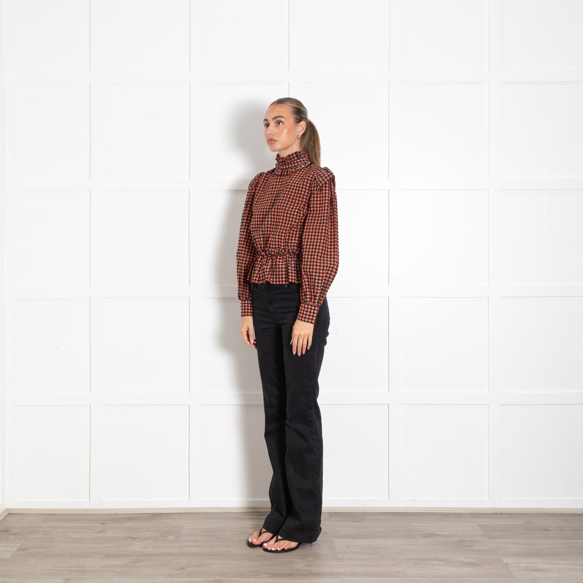 Ganni Orange Black Gingham Frill Detail Top