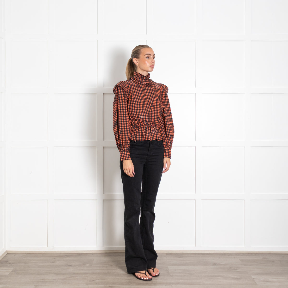 Ganni Orange Black Gingham Frill Detail Top