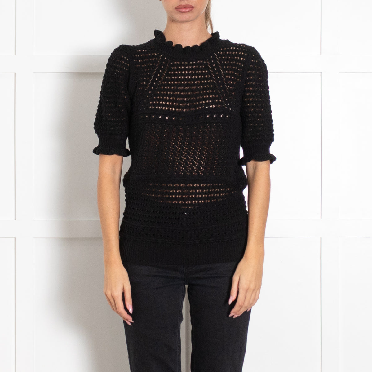 Wyse Black Loose Knit Short Sleeves Top