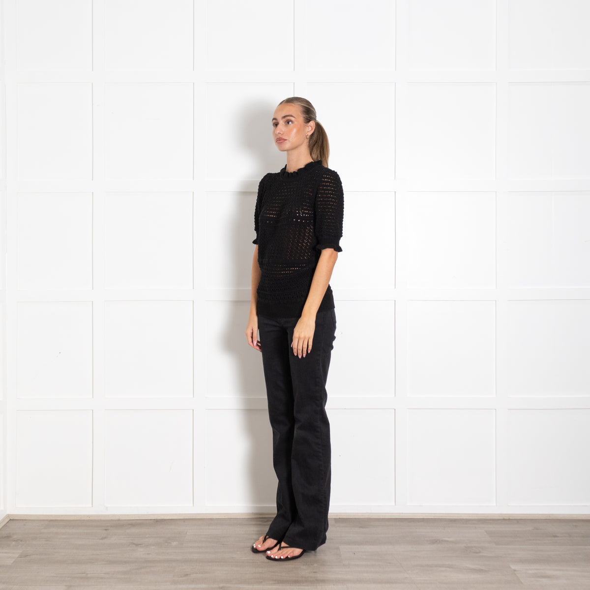 Wyse Black Loose Knit Short Sleeves Top