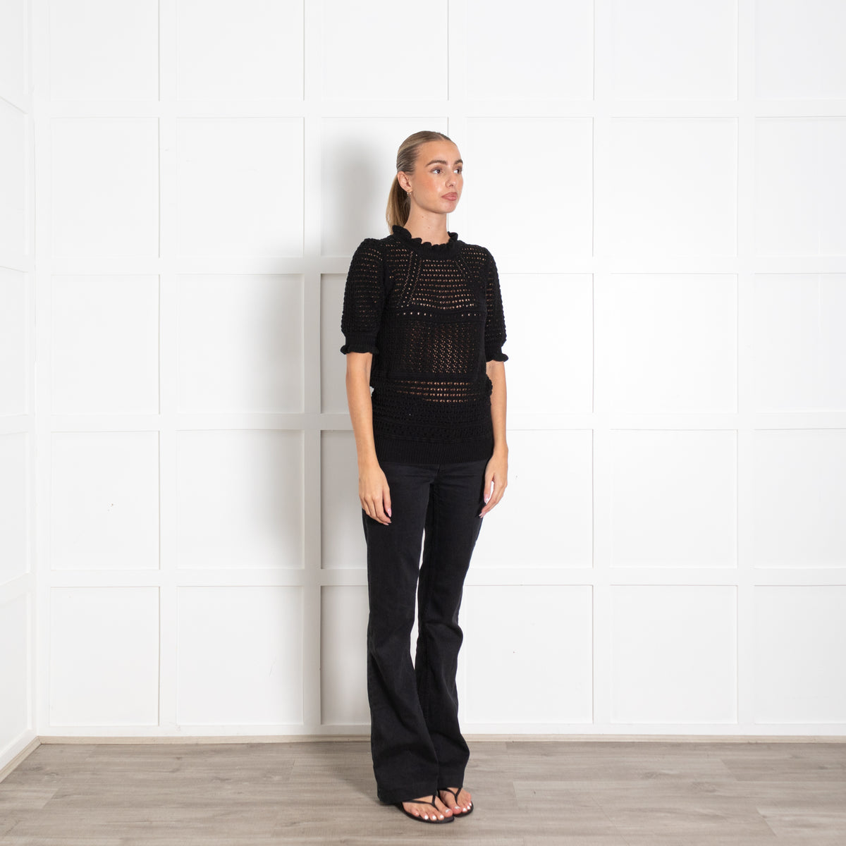 Wyse Black Loose Knit Short Sleeves Top