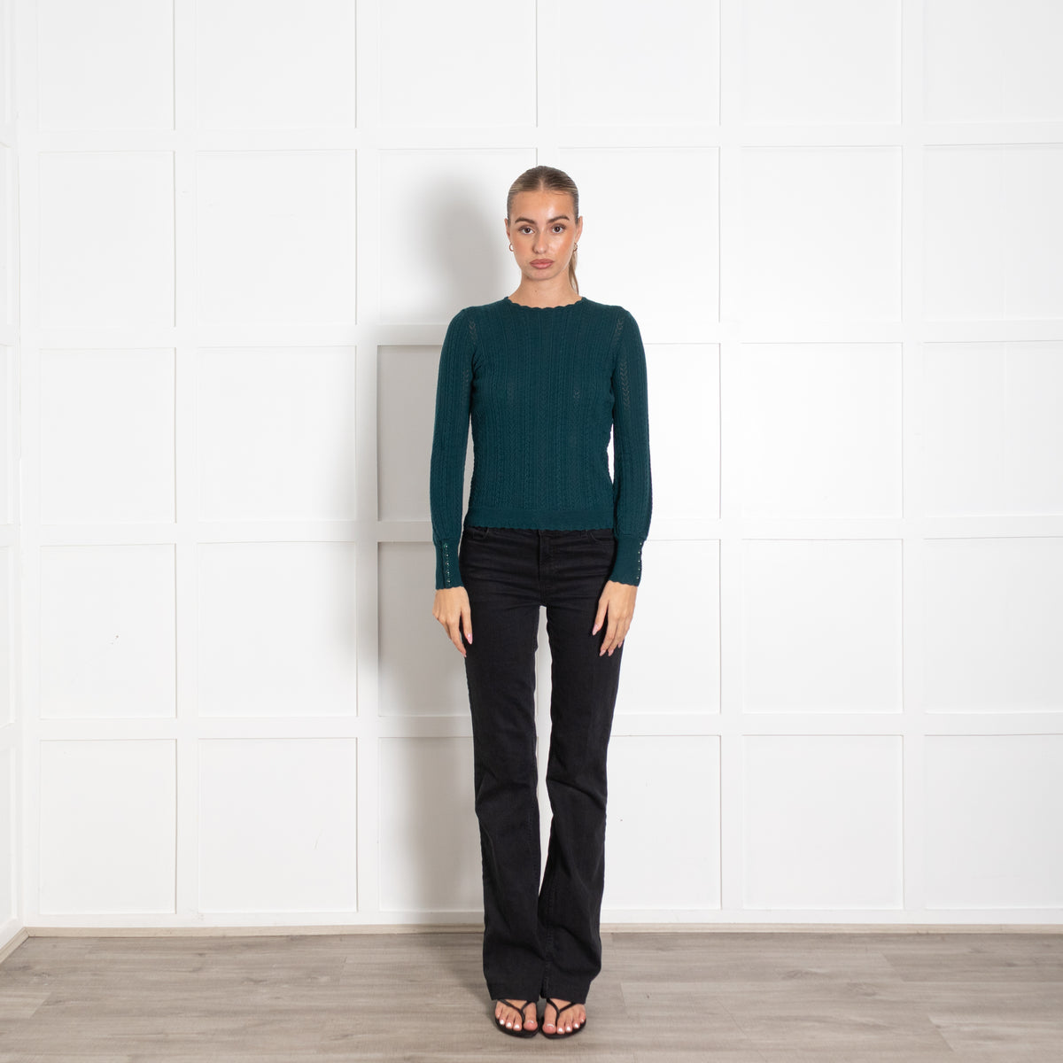 La Maille Sezane Teal Button Detail Fitted Sweater