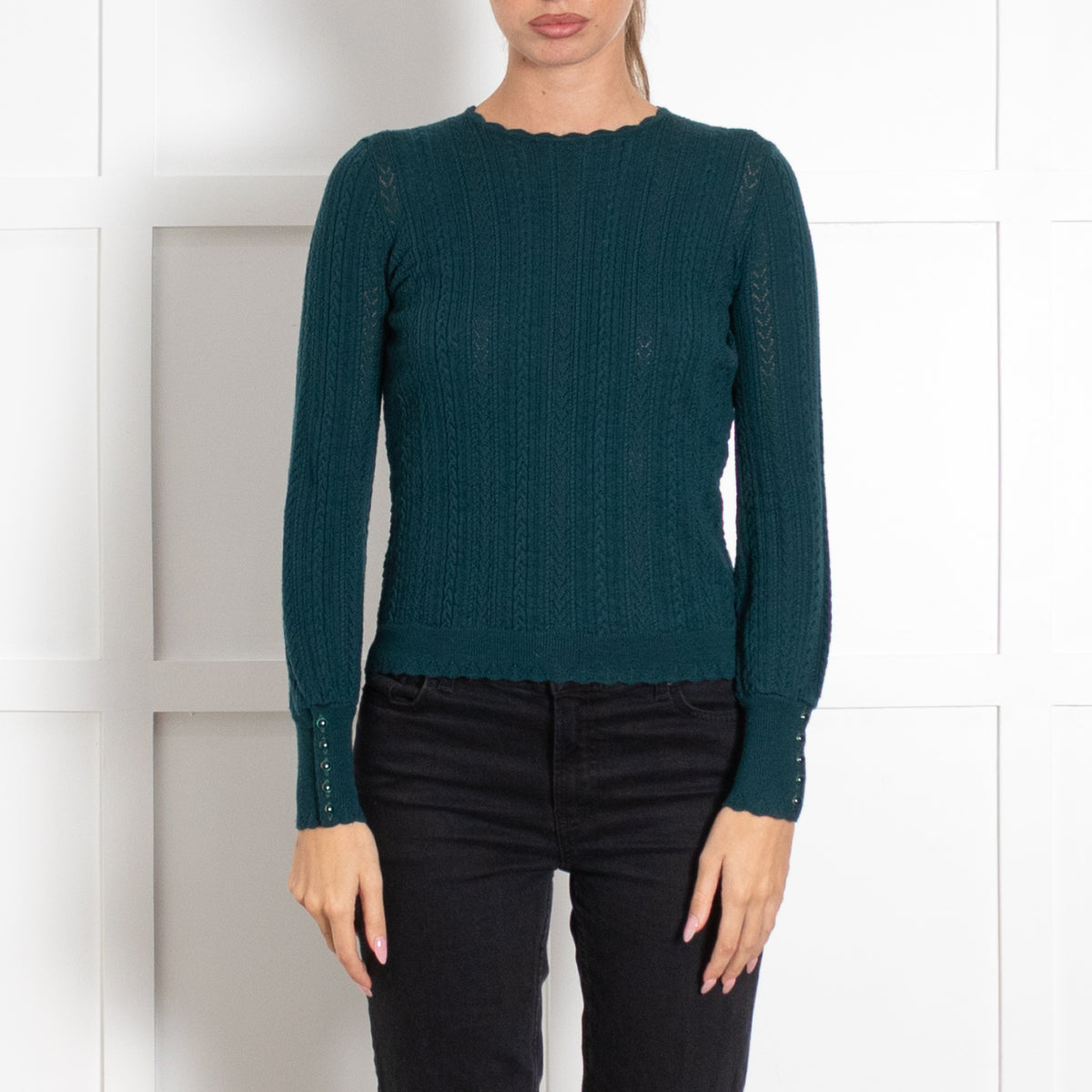 La Maille Sezane Teal Button Detail Fitted Sweater