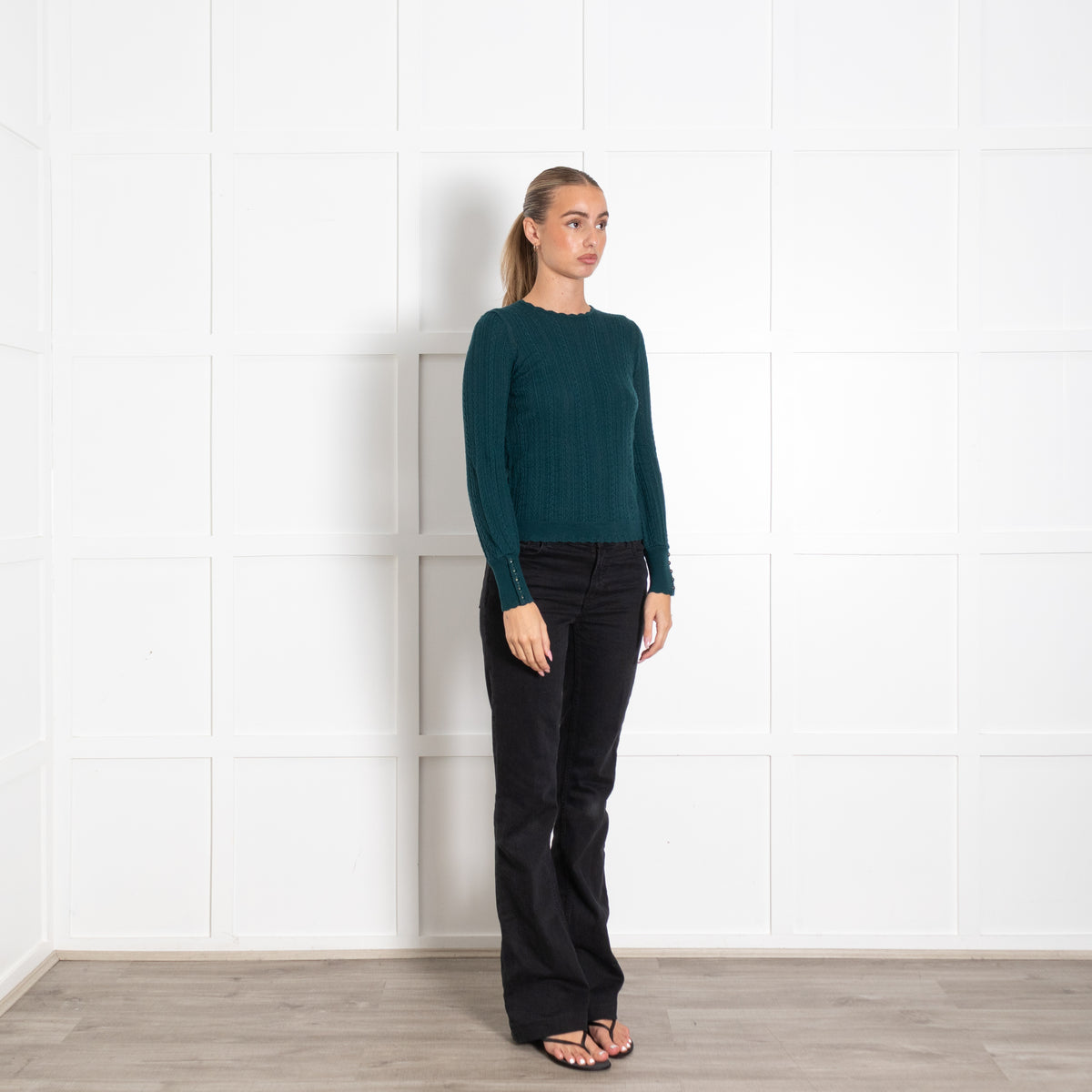 La Maille Sezane Teal Button Detail Fitted Sweater