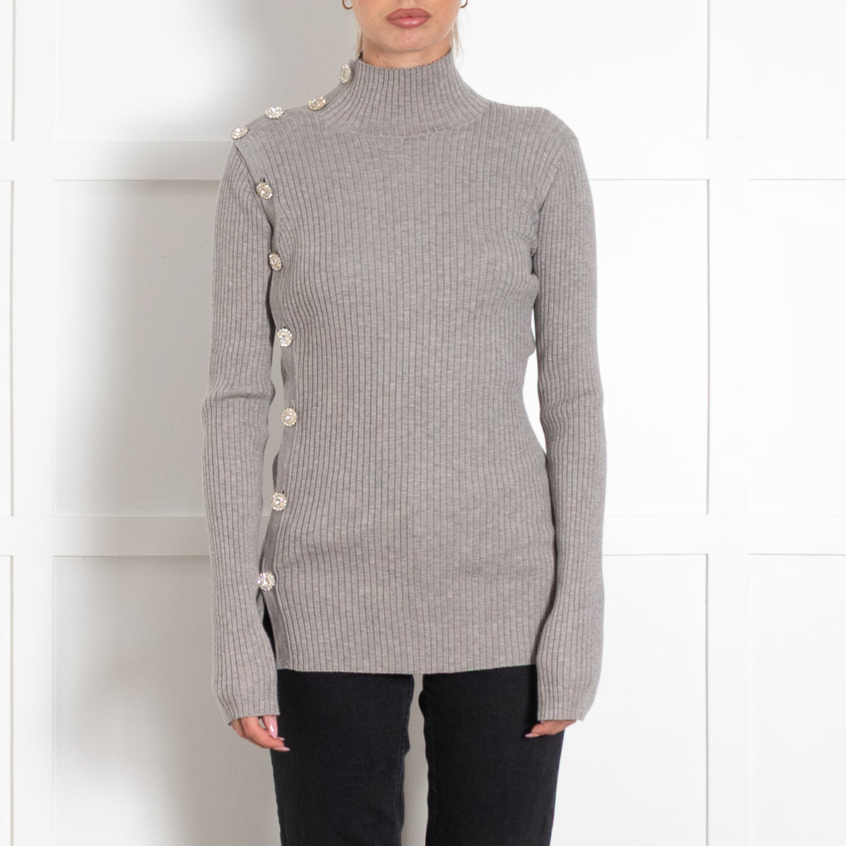 Dodo Bar Or Grey Diamante Button Wool Blend Sweater