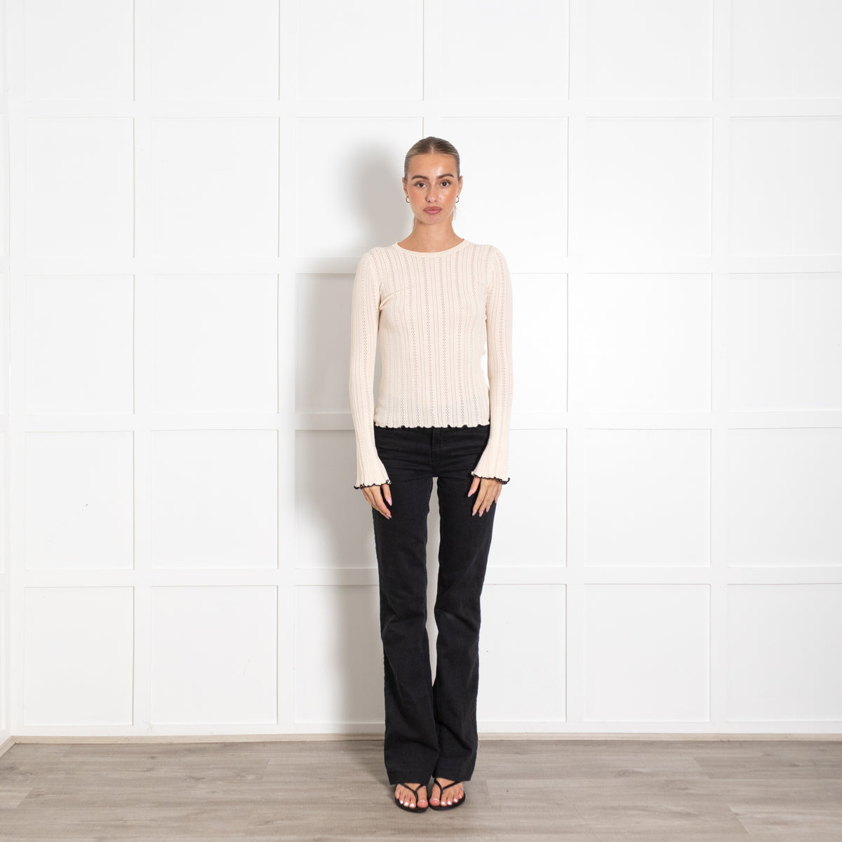 Maje Cream Black Trim Long Sleeve Top