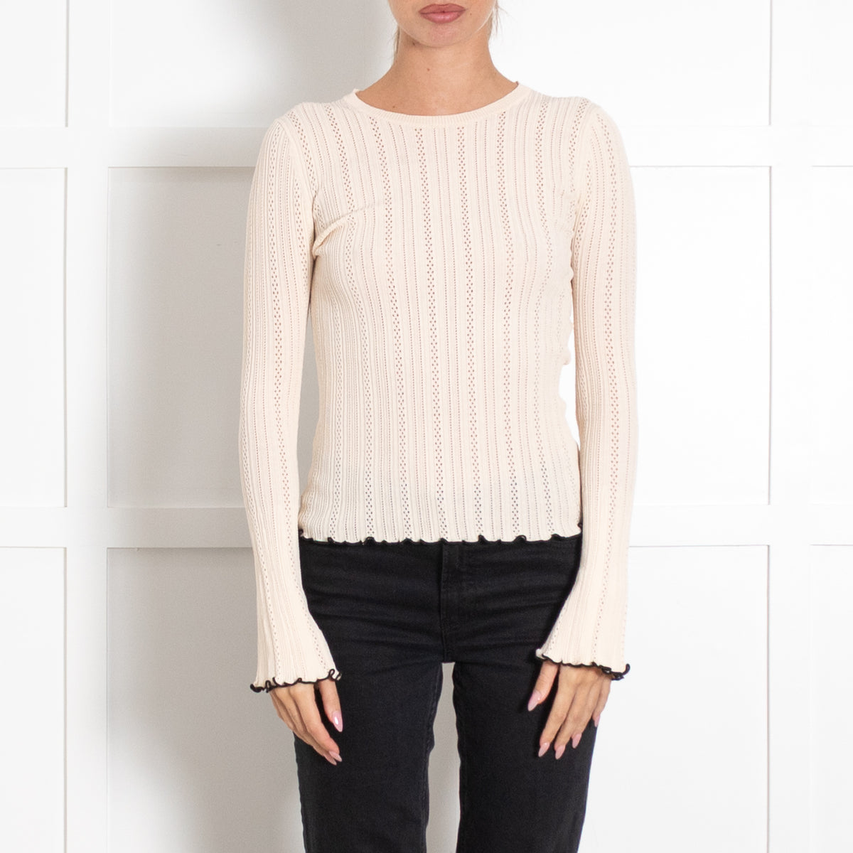 Maje Cream Black Trim Long Sleeve Top