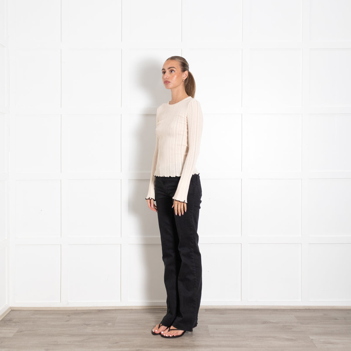 Maje Cream Black Trim Long Sleeve Top