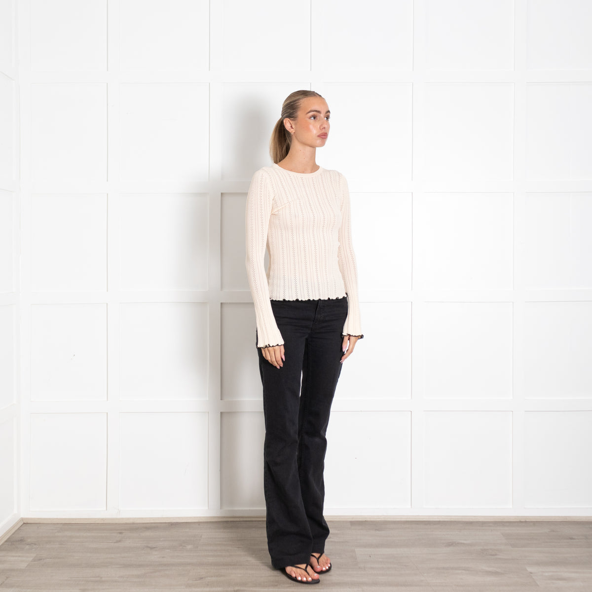 Maje Cream Black Trim Long Sleeve Top