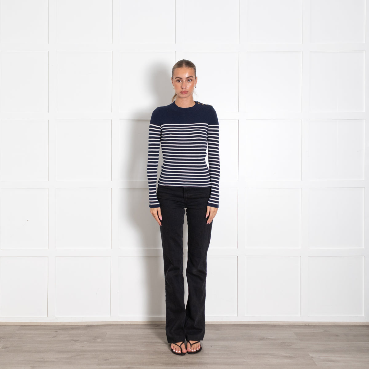 La Maille Sezane Navy White Striped Cotton Blend Sweater