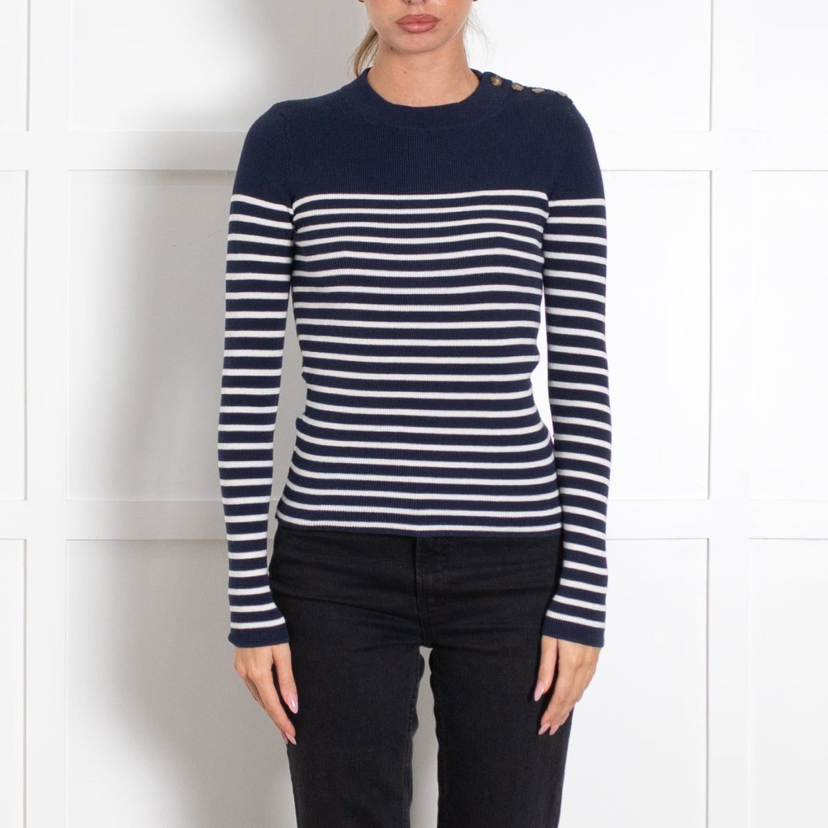 La Maille Sezane Navy White Striped Cotton Blend Sweater