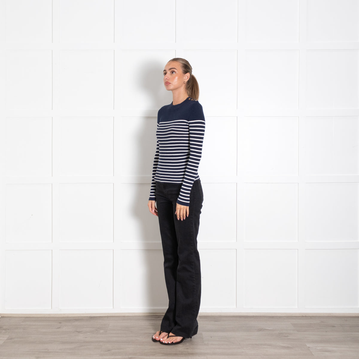 La Maille Sezane Navy White Striped Cotton Blend Sweater