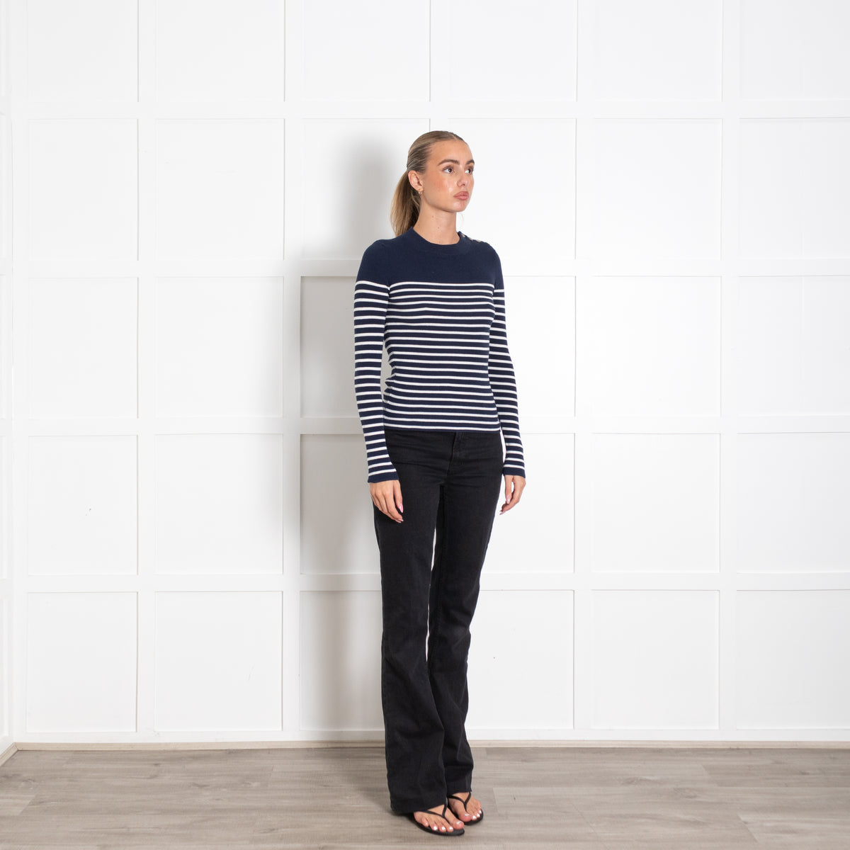 La Maille Sezane Navy White Striped Cotton Blend Sweater