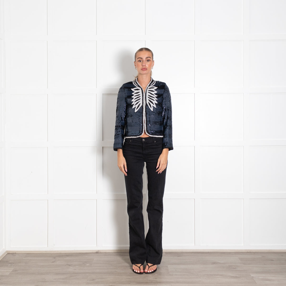 Zadig & Voltaire Deluxe Navy and Black Striped Sequin Jacket with Wing-Like embroidery