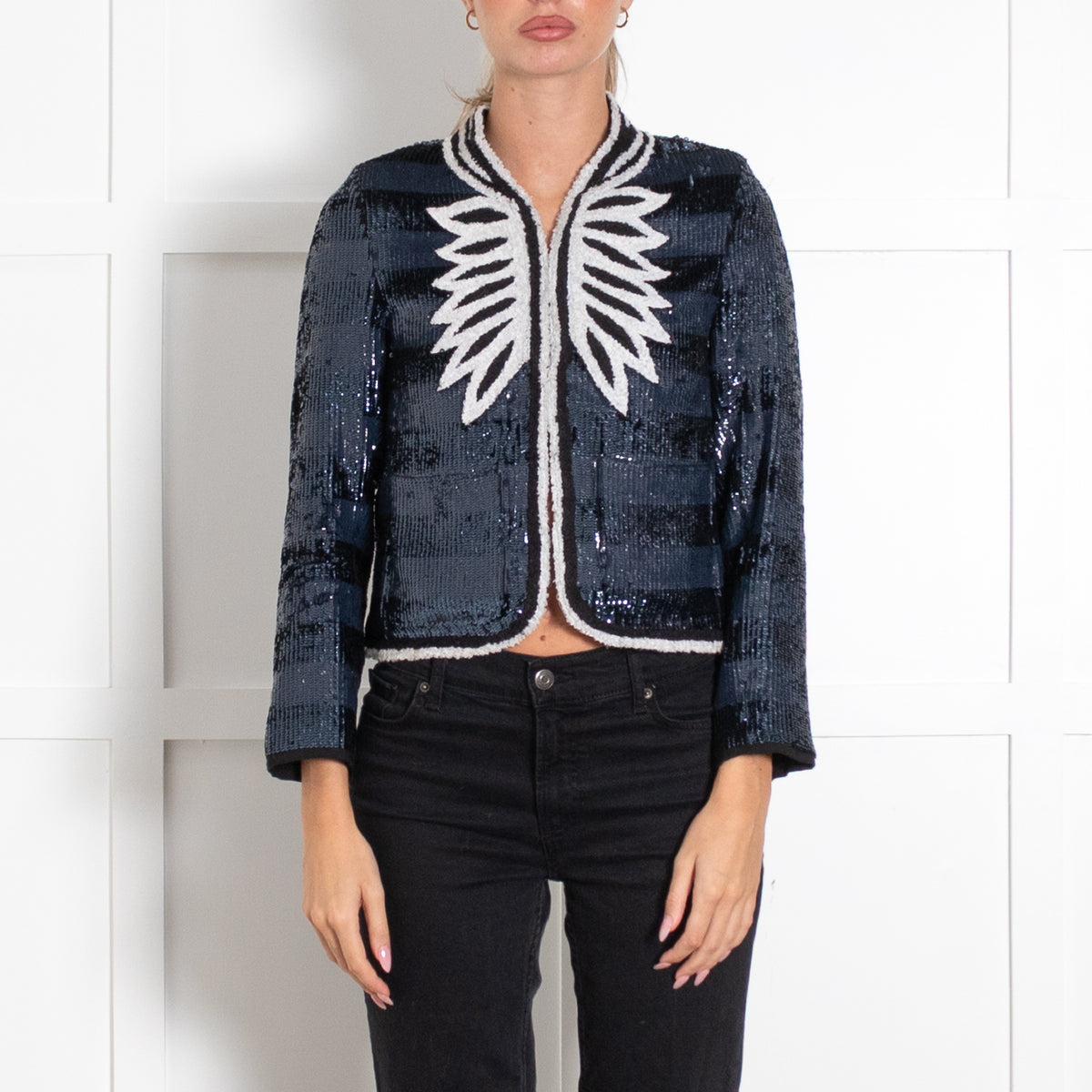 Zadig & Voltaire Deluxe Navy and Black Striped Sequin Jacket with Wing-Like embroidery