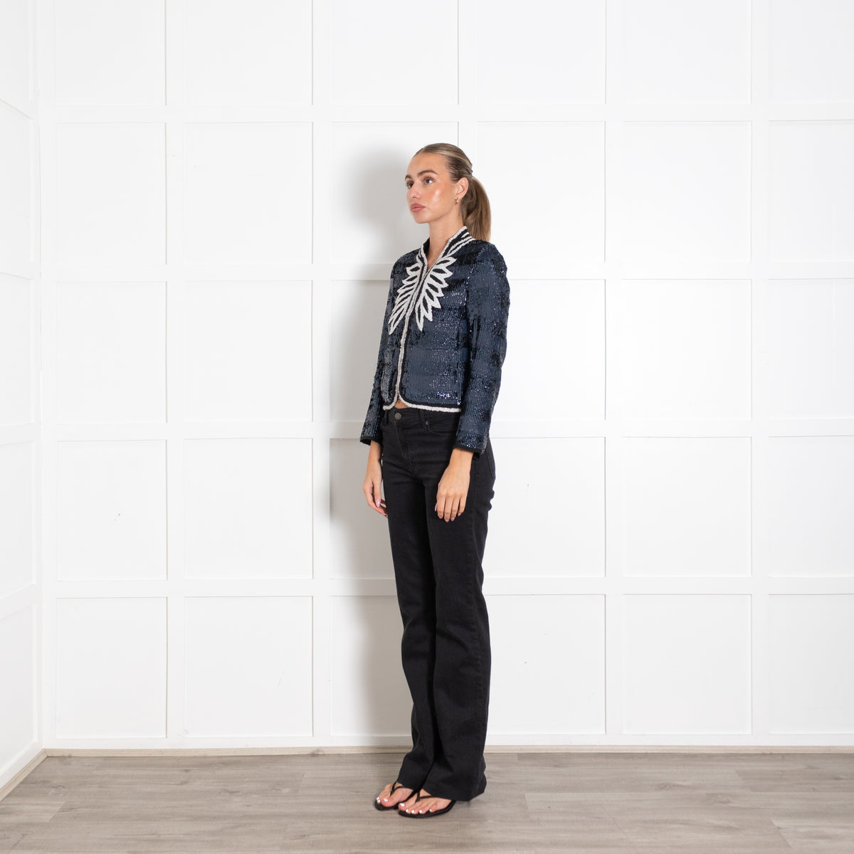 Zadig & Voltaire Deluxe Navy and Black Striped Sequin Jacket with Wing-Like embroidery