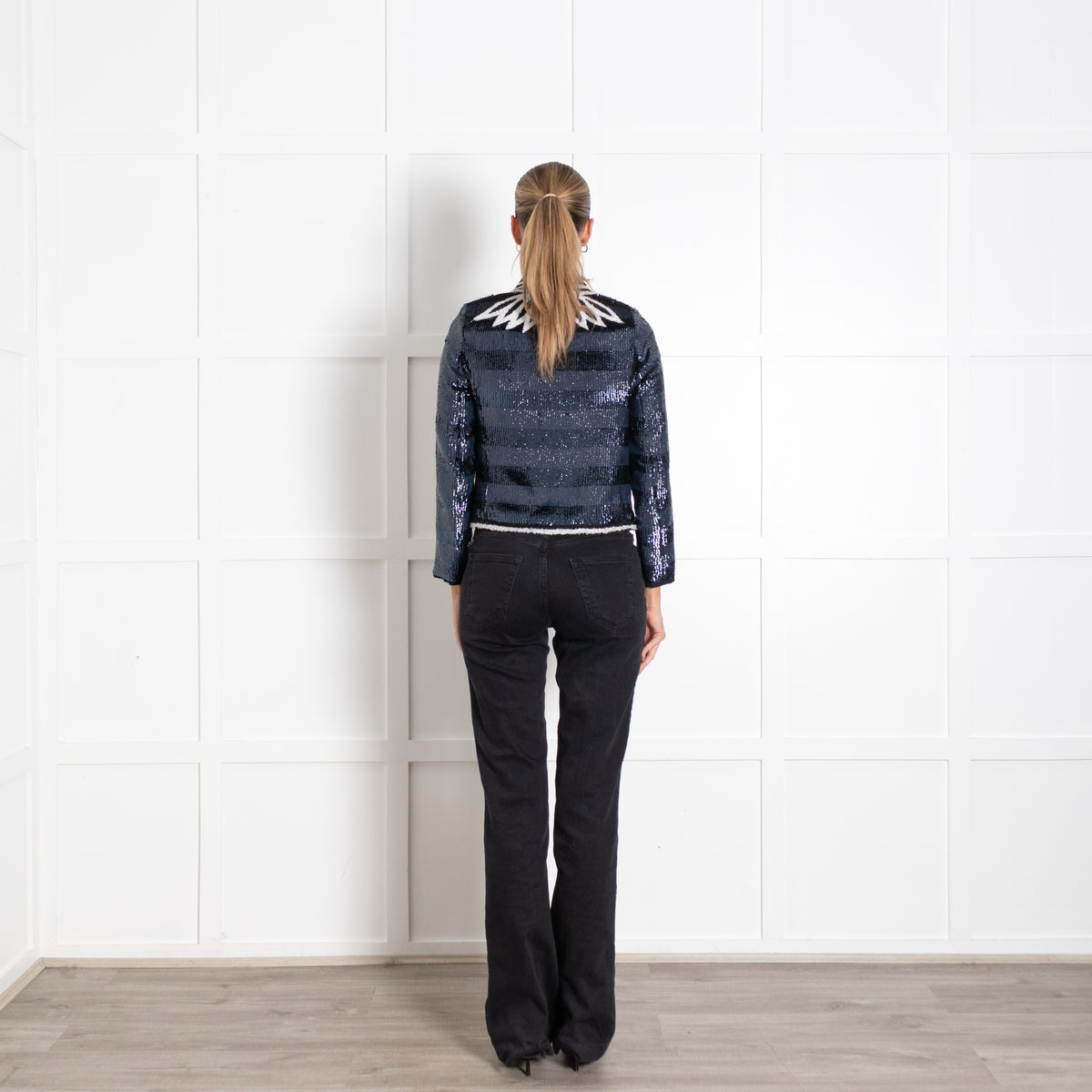 Zadig & Voltaire Deluxe Navy and Black Striped Sequin Jacket with Wing-Like embroidery