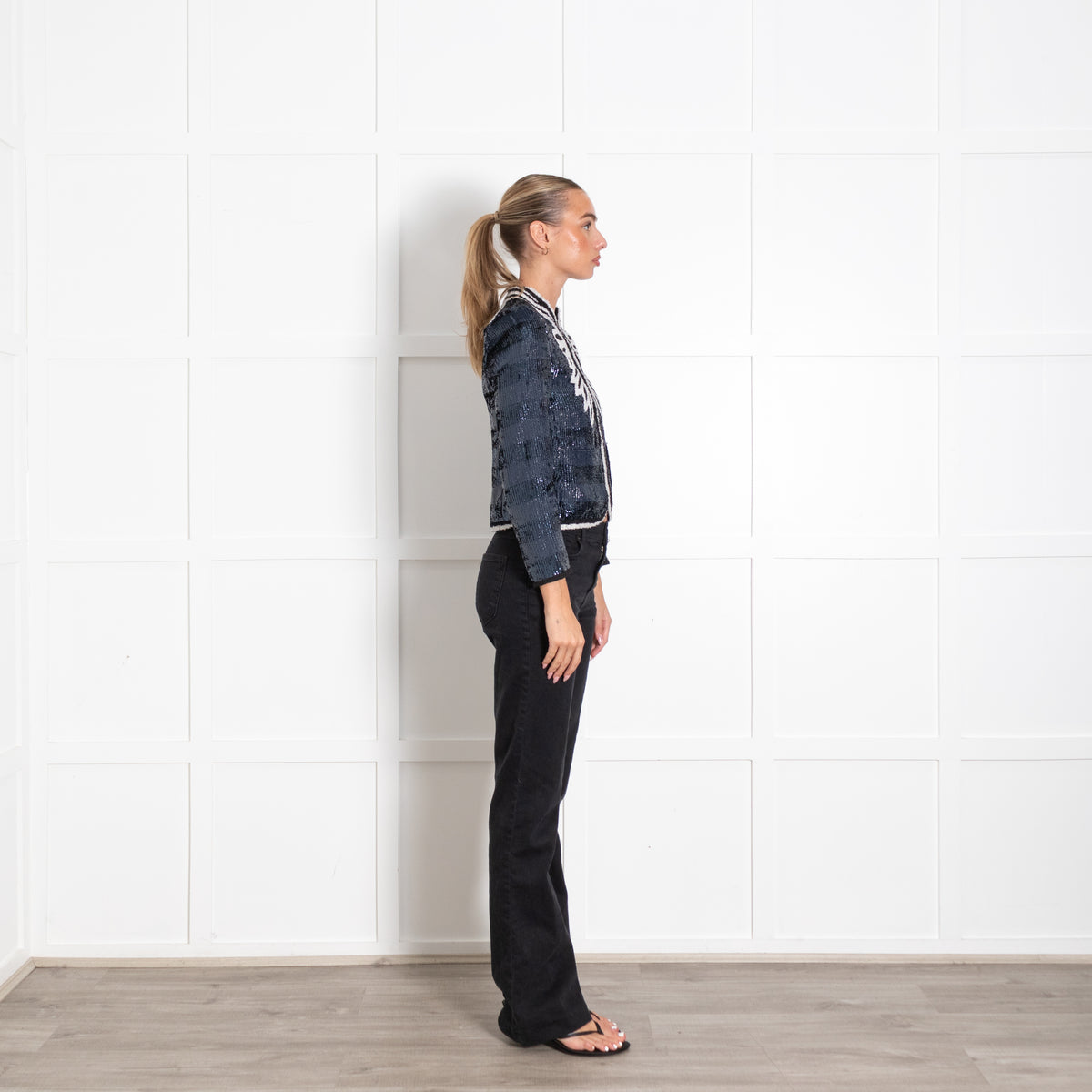 Zadig & Voltaire Deluxe Navy and Black Striped Sequin Jacket with Wing-Like embroidery