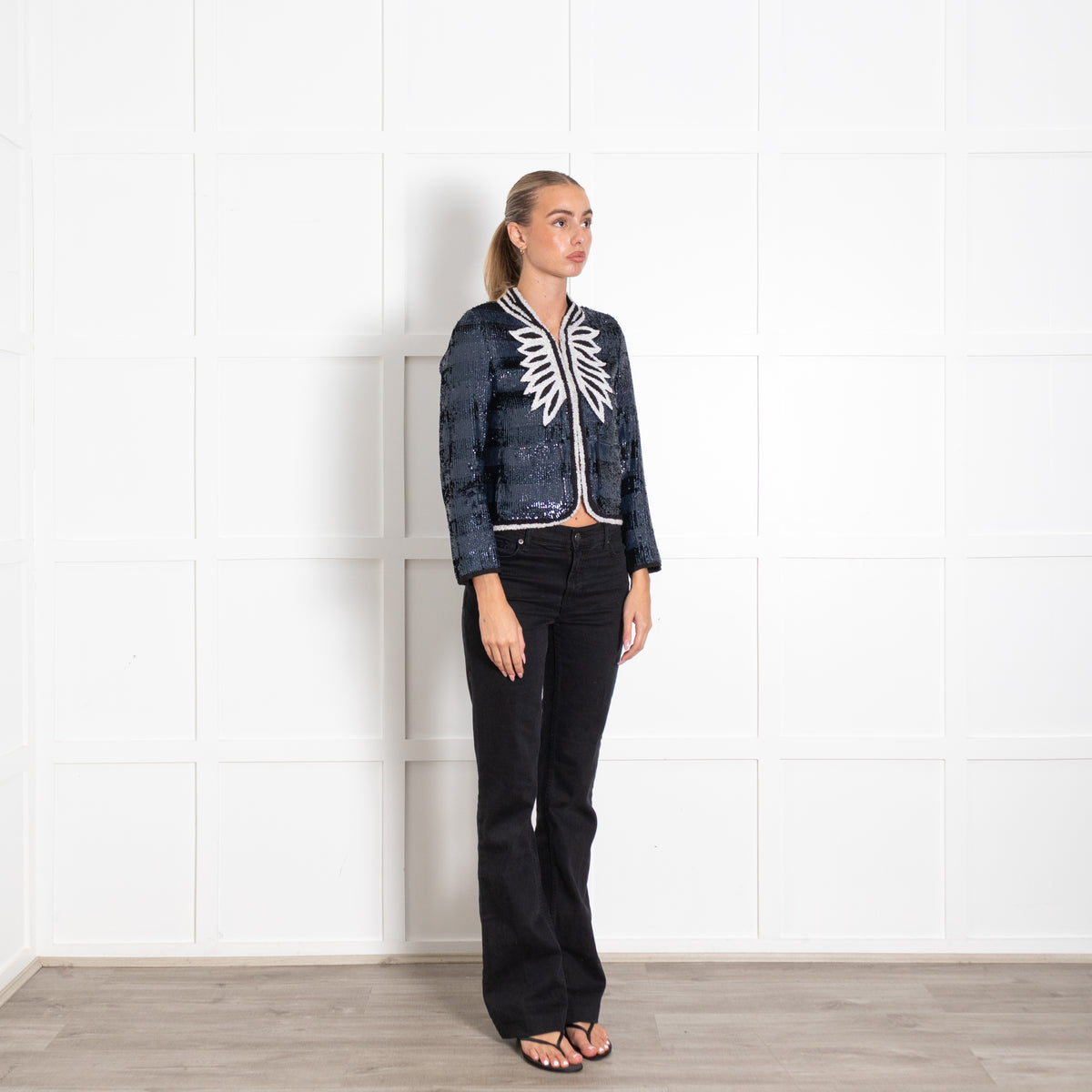 Zadig & Voltaire Deluxe Navy and Black Striped Sequin Jacket with Wing-Like embroidery