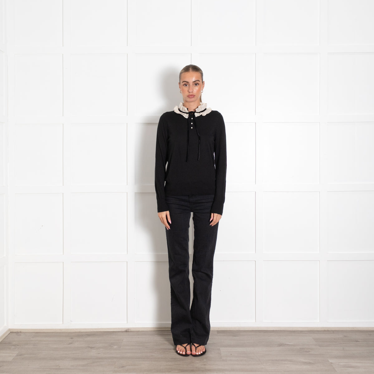 Sandro Black Faux Pearl Button Cream Trim Sweater