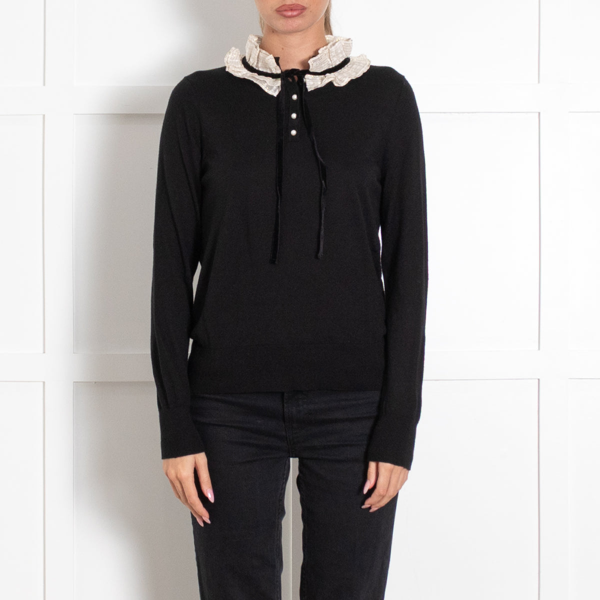 Sandro Black Faux Pearl Button Cream Trim Sweater