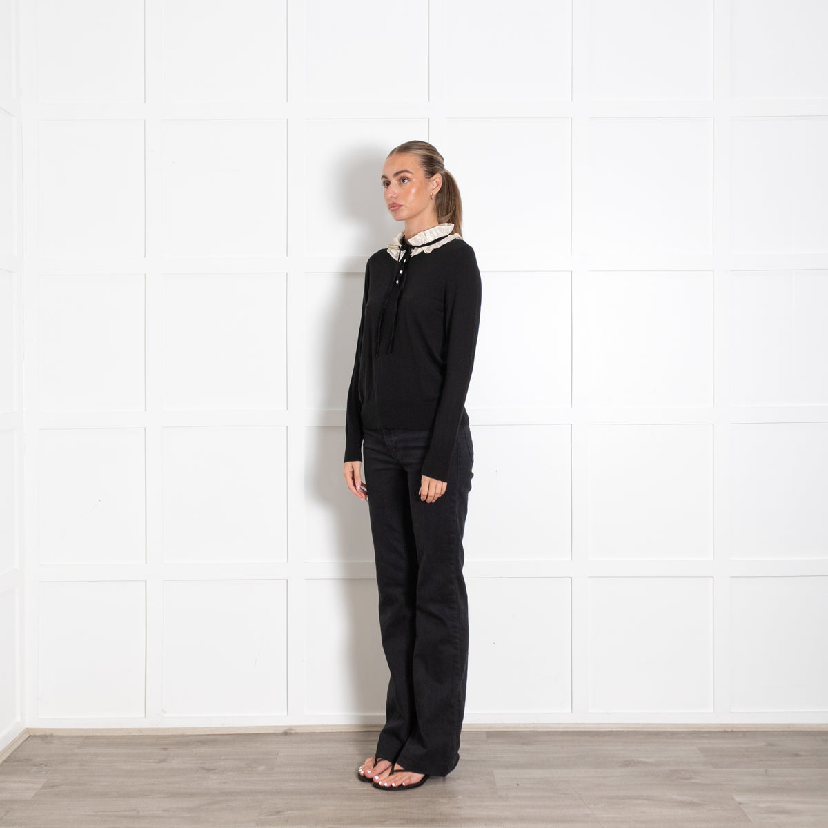 Sandro Black Faux Pearl Button Cream Trim Sweater