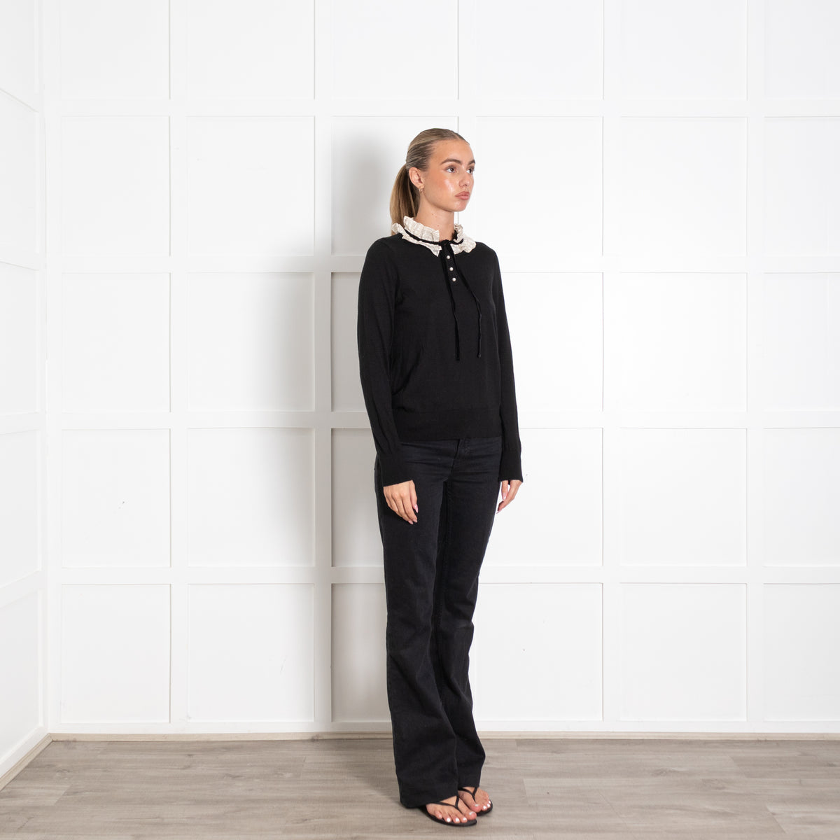 Sandro Black Faux Pearl Button Cream Trim Sweater
