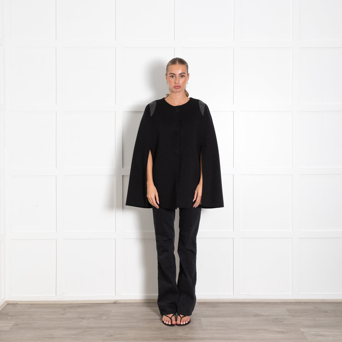 Joseph Black Wool Cape with Leather Shoulder Trim