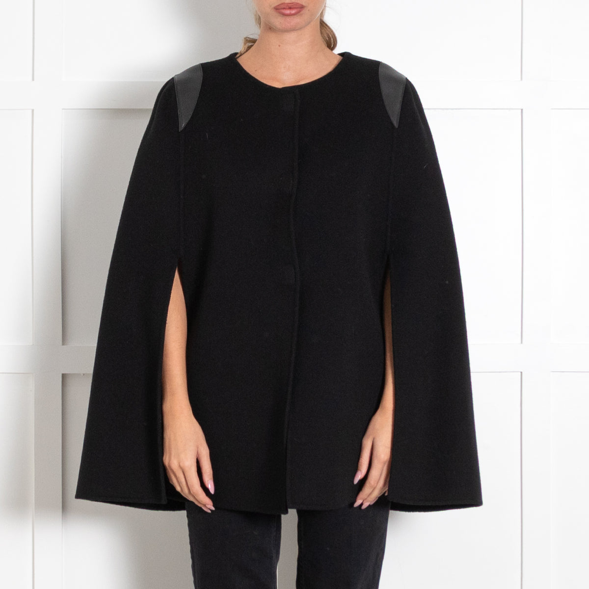 Joseph Black Wool Cape with Leather Shoulder Trim