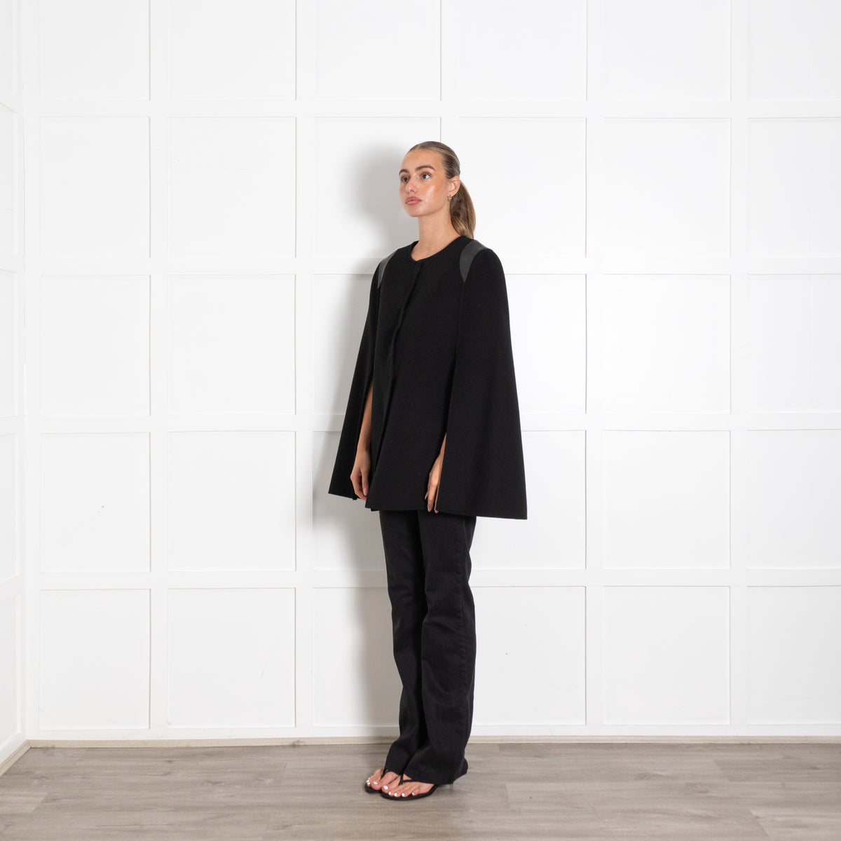 Joseph Black Wool Cape with Leather Shoulder Trim